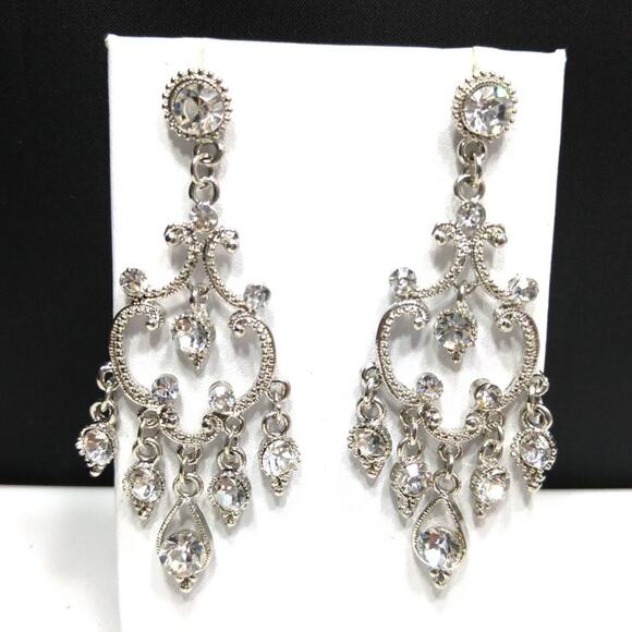 Dangle Earrings Clear Rhinestones Silver Tone, 2 3/4 Inch, Formal Wedding Posts - Picture 2 of 8